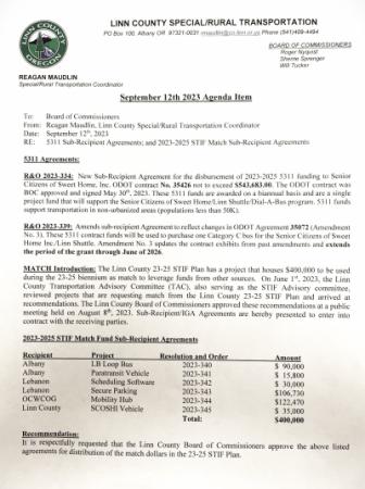 Linn County Transportation funding